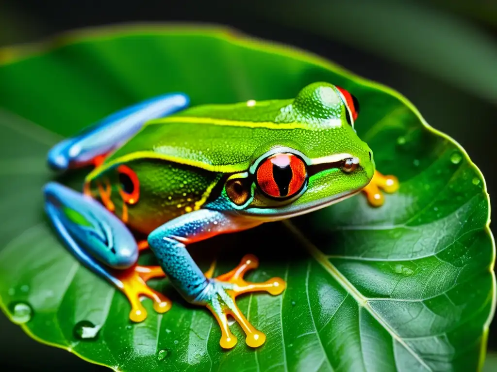 Detalle impresionante de una rana arbórea colorida con ojos rojos, mostrando su piel y ojos expresivos