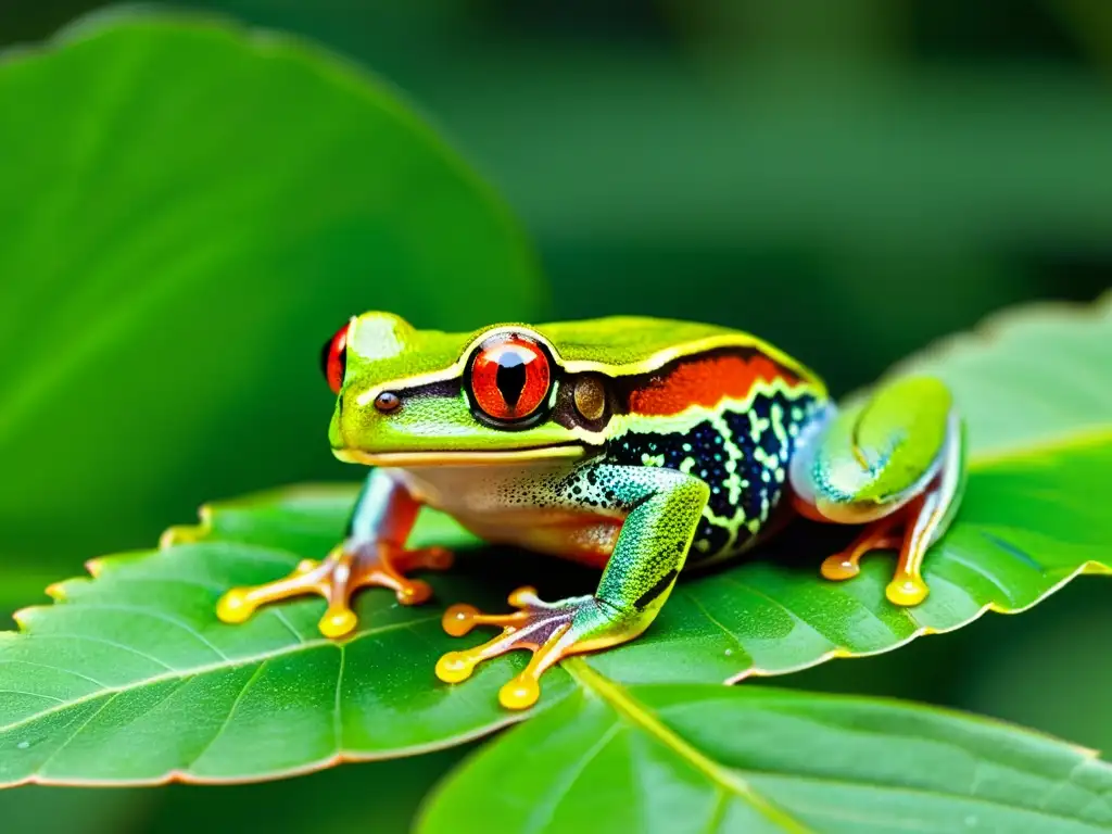 Detalle impresionante de una rana de ojos rojos en una hoja verde exuberante