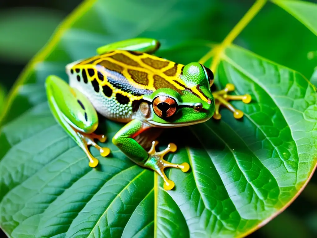 Un detalle impresionante de una rana arbórea verde vibrante en su hábitat natural en la selva tropical