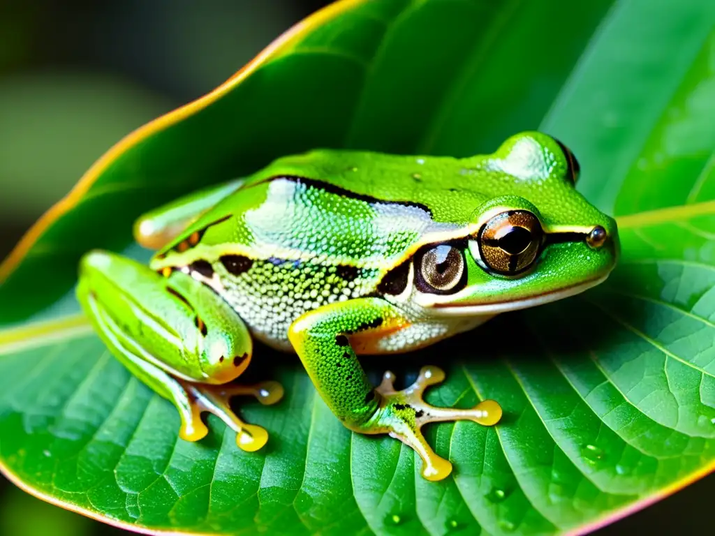 Detalle impresionante de una rana arbórea verde en su hábitat natural