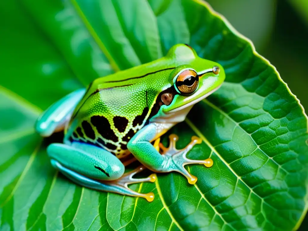 Detalle impresionante de una rana arbórea verde sobre una hoja, comunicación sonora en anfibios croares