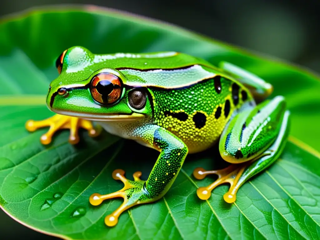 Un detalle impresionante de una ranita verde sobre una hoja, con gotas de agua y la dieta específica de anfibios en mente