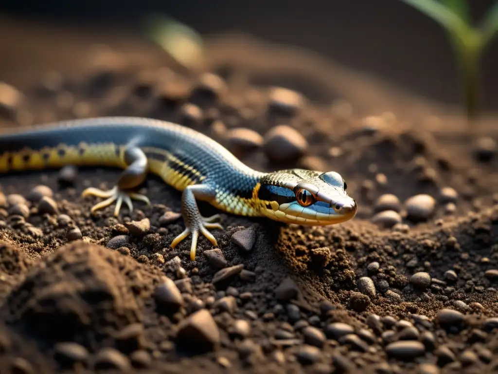 Detalle impresionante de un reptil fosorial en su hábitat subterráneo