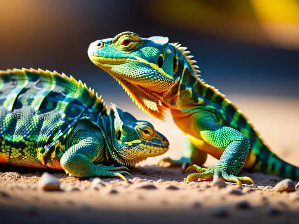 Detalle impresionante de rituales de apareamiento reptiles, escamas vibrantes bajo el cálido sol