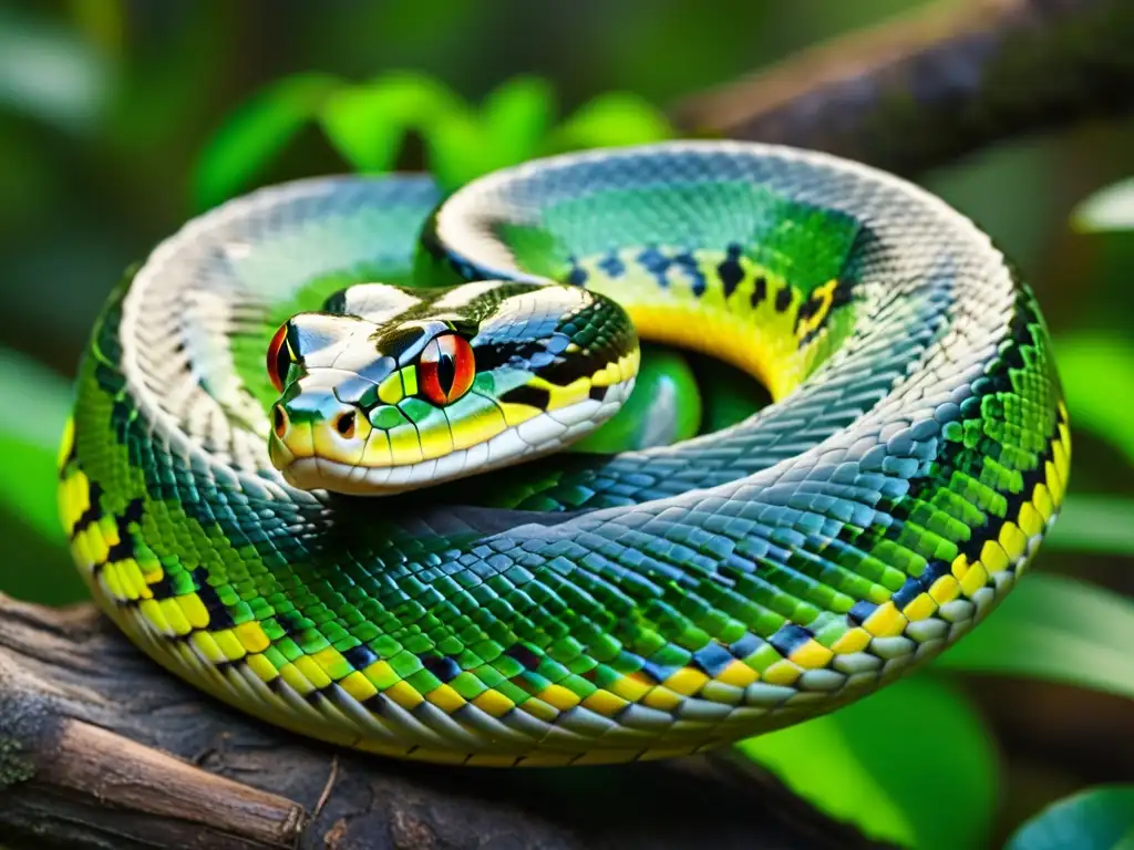 Detalle impresionante de una serpiente enredada en una rama en la selva, con follaje verde vibrante