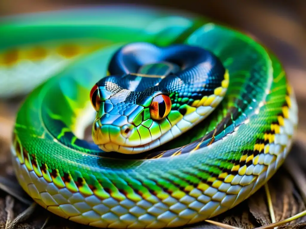 Detalle impresionante de una serpiente enroscada, con patrones y escamas destacados