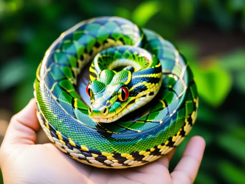 Detalle impresionante de una serpiente en un jardín exuberante, simbolismo de los reptiles en religiones capturado en su mirada