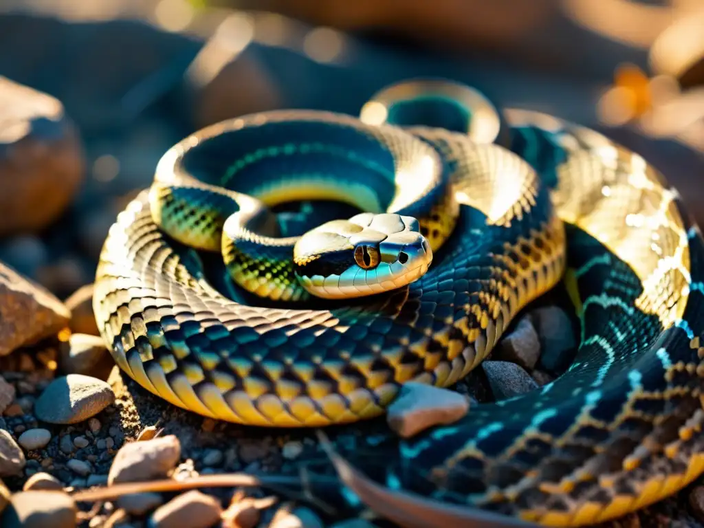 Detalle impresionante de serpiente en hábitat rocoso, reflejando la luz del sol