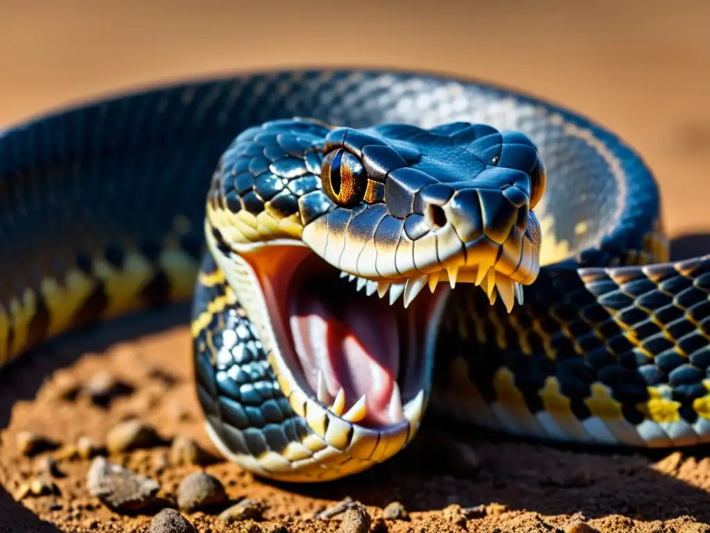 Detalle impresionante de fangs de serpiente venenosa en pleno ataque, con texturas y sombras dramáticas