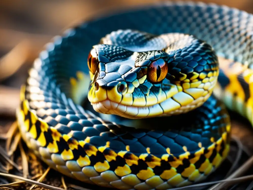 Detalle impresionante de serpiente venenosa listo para atacar, con escamas, colores vibrantes y mecanismos defensa reptiles