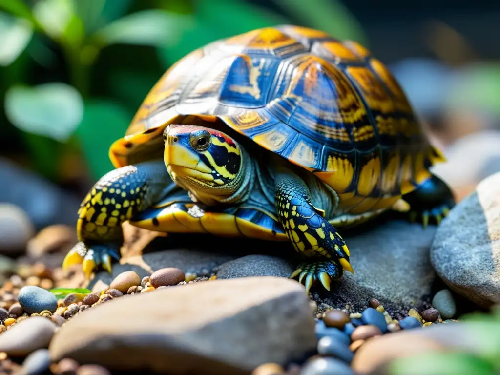 Detalle impresionante del hábitat de una tortuga de caja cautiva, resaltando la belleza natural y los requisitos hábitat tortuga de caja