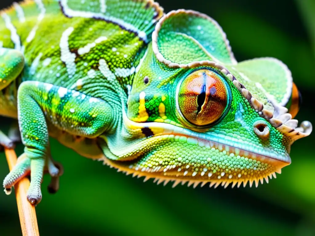 Detalle impresionante de un camaleón verde capturando un insecto