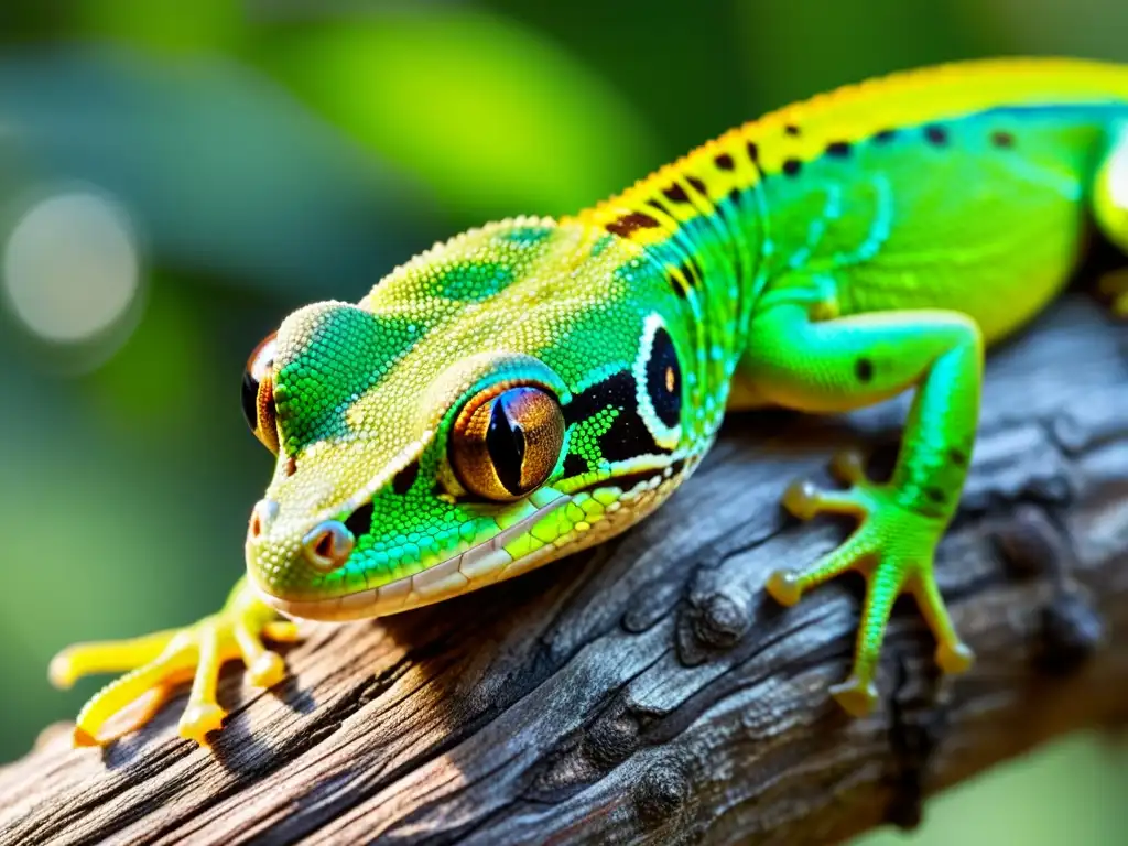 Detalle impresionante de un gecko verde en una rama, con piel única y ojos expresivos