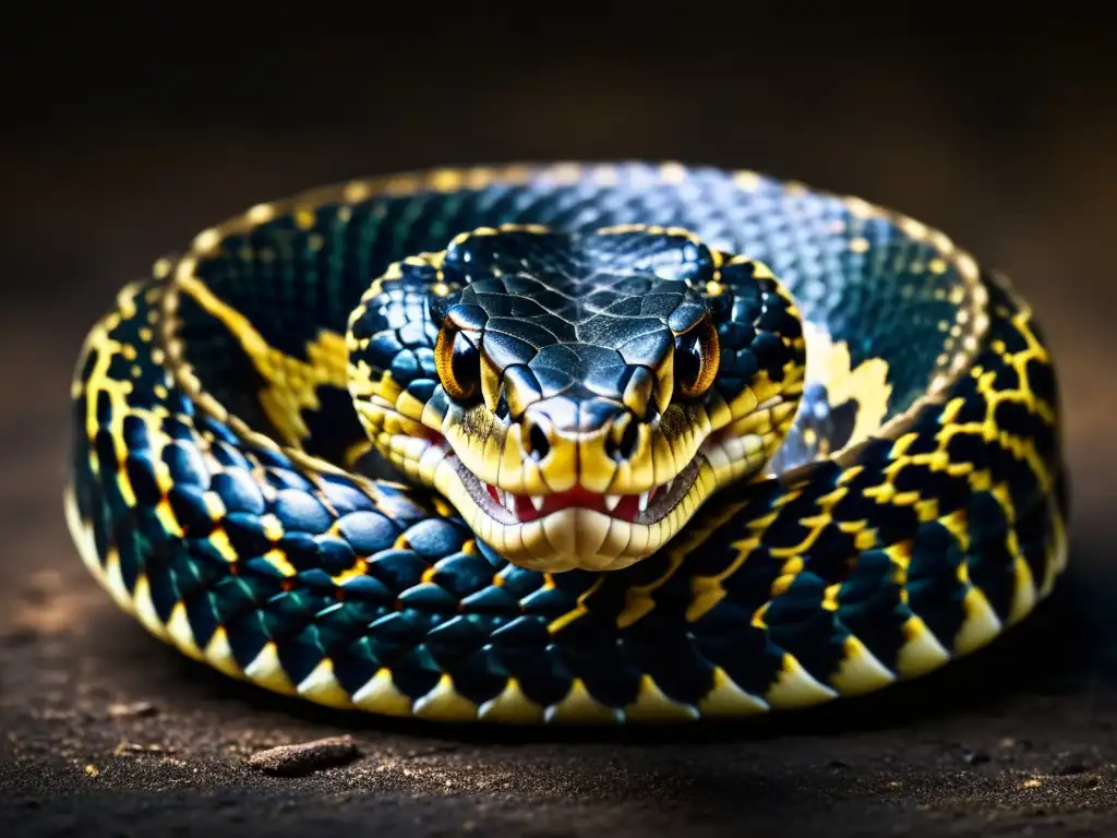 Detalle increíble de los colmillos de una serpiente venenosa, con veneno brillante en las puntas, sobre un fondo oscuro y sombrío