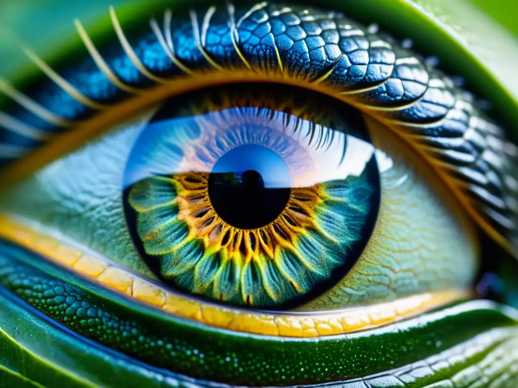 Detalle increíble del ojo de un reptil, con reflejos y textura intensos