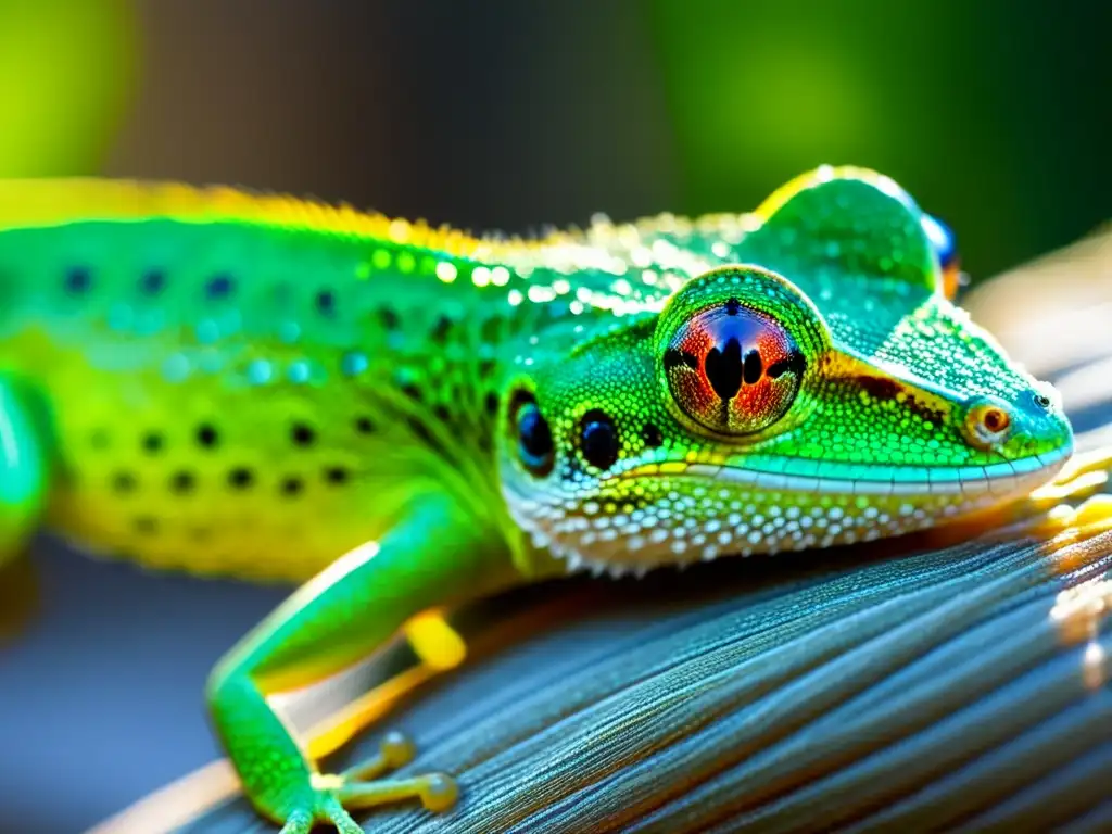 Detalle increíble de la piel de una lagartija verde con gotas de agua, sus ojos y su hábitat natural