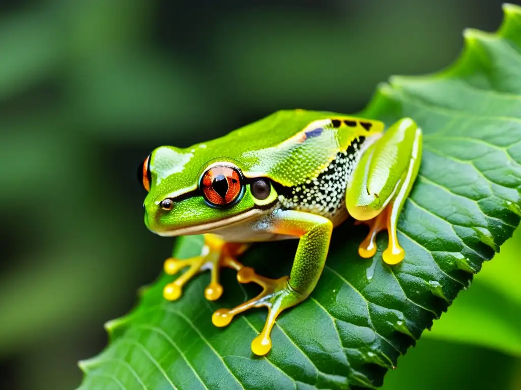 Detalle increíble de una rana arbórea verde sobre un musgoso tronco, mostrando su piel translúcida y ojos dorados brillantes