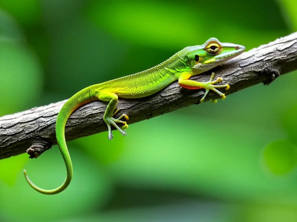 Detalle increíble de rituales de apareamiento reptiles: anoles verdes realizando acrobacias en rama