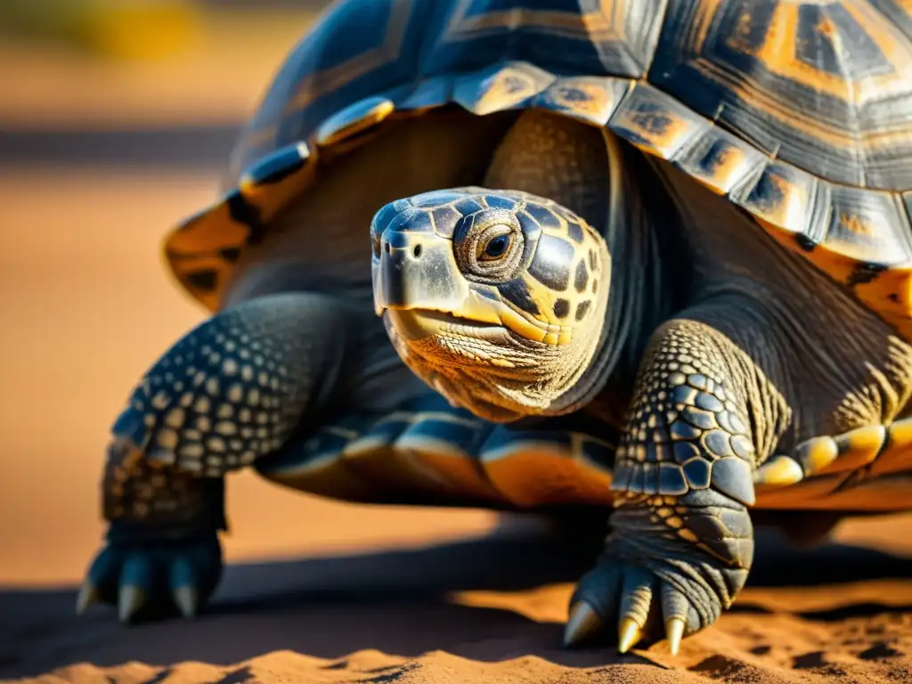 Detalle increíble de una tortuga antigua con patrones en su caparazón, iluminada por el cálido sol