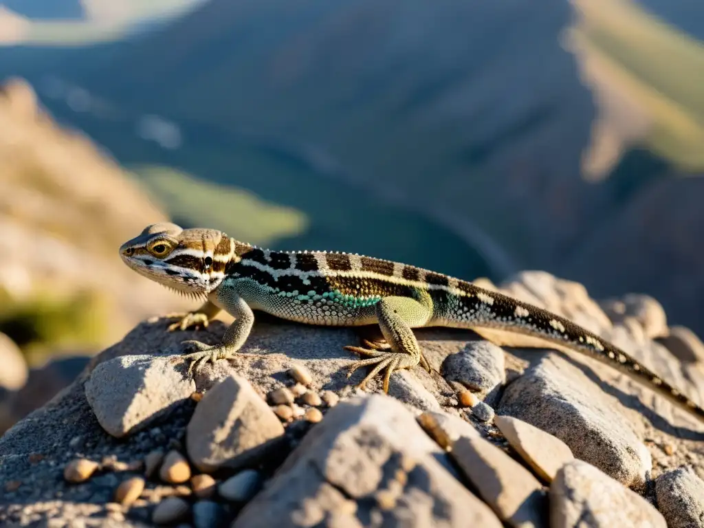 Detalle de lagarto de montaña en adaptación a altitudes, con escamas y ojos enfocados en terreno rocoso