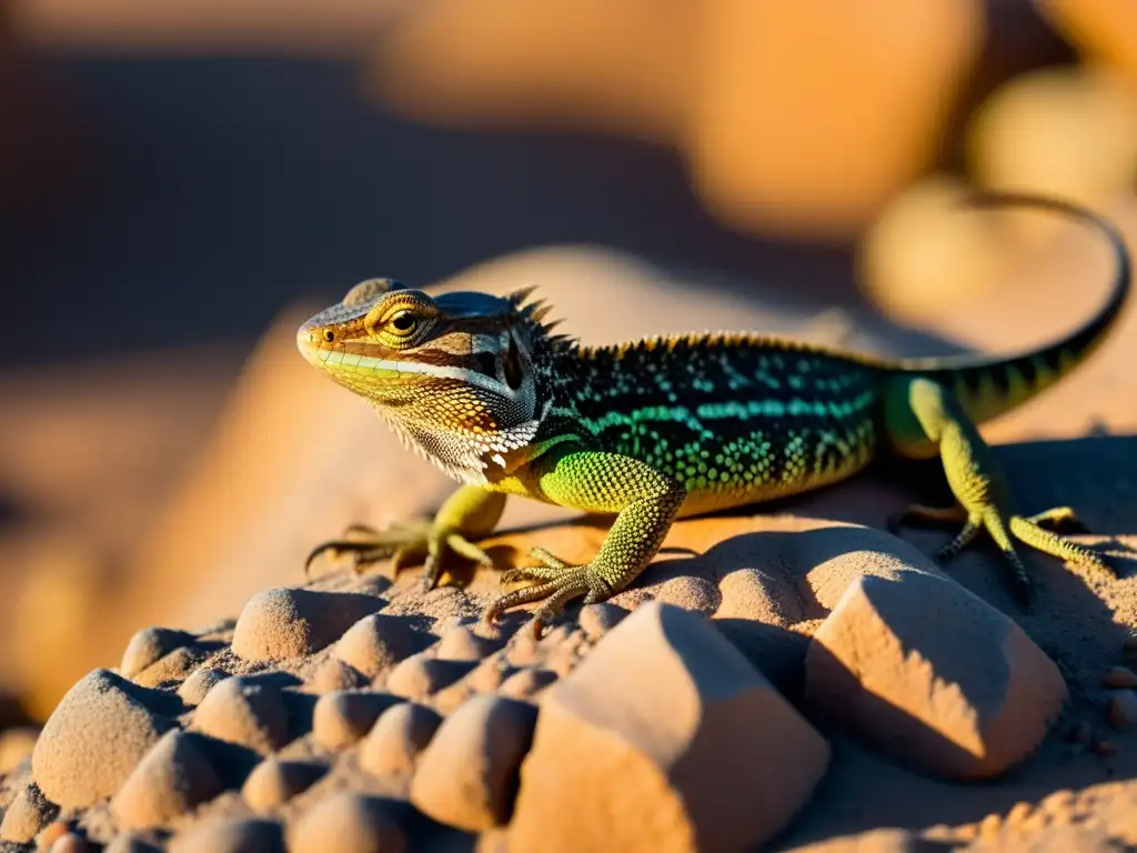 Detalle de un lagarto adaptado al cambio climático, batiendo al sol en un paisaje desértico con escamas intrincadas