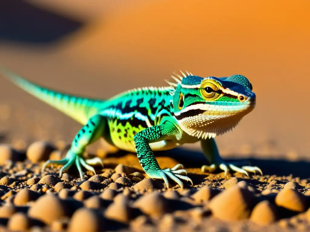 Detalle de lagarto adaptado al desierto, mostrando agilidad y velocidad