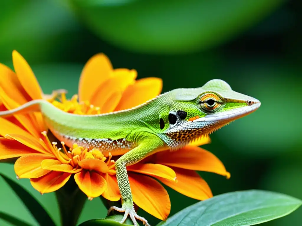 Detalle de lagarto verde en flor tropical