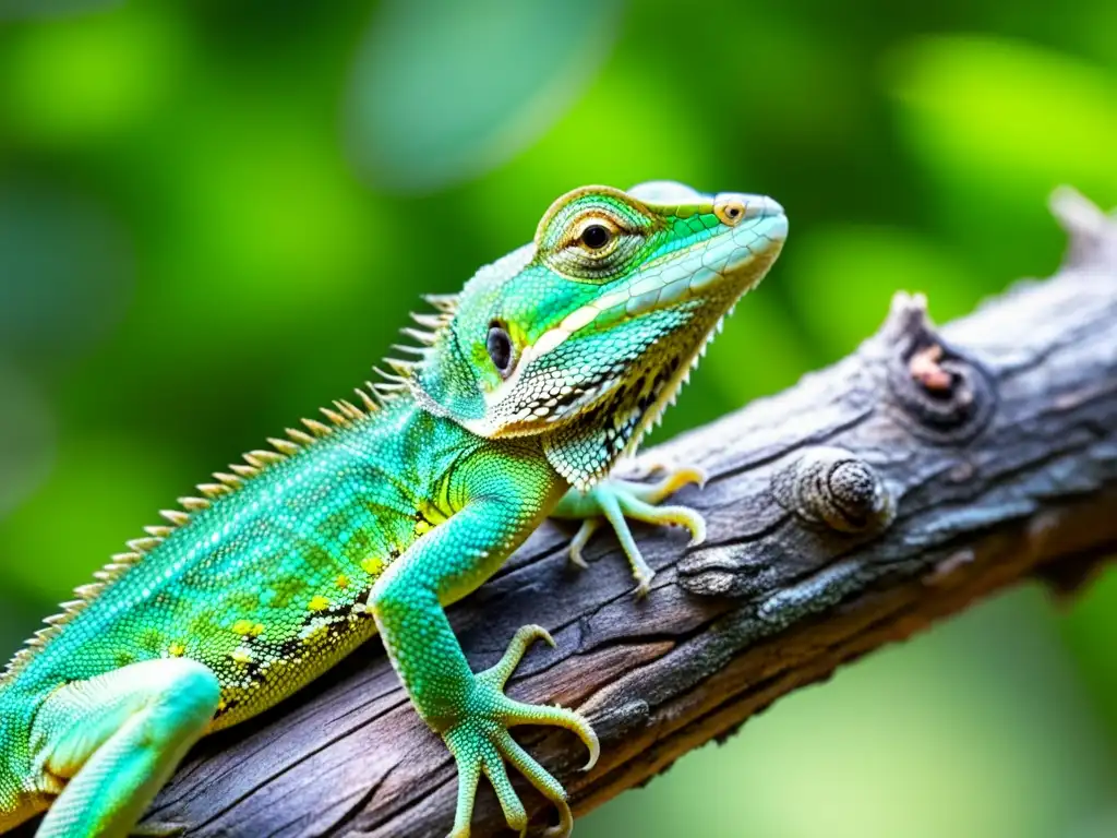 Detalle de lagarto verde en su hábitat tropical, destacando la importancia de lagartos como indicadores ecológicos