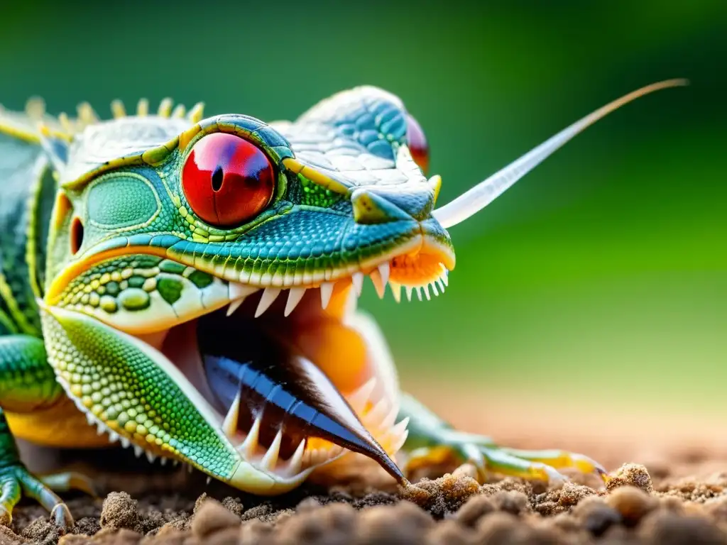 Detalle de una lengua de reptil capturando un grillo, mostrando la alimentación estacional de reptiles en su hábitat natural