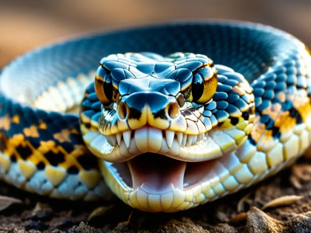 Detalle de las letales y evolucionadas fangas de una serpiente venenosa, resaltando la peligrosa naturaleza de su veneno