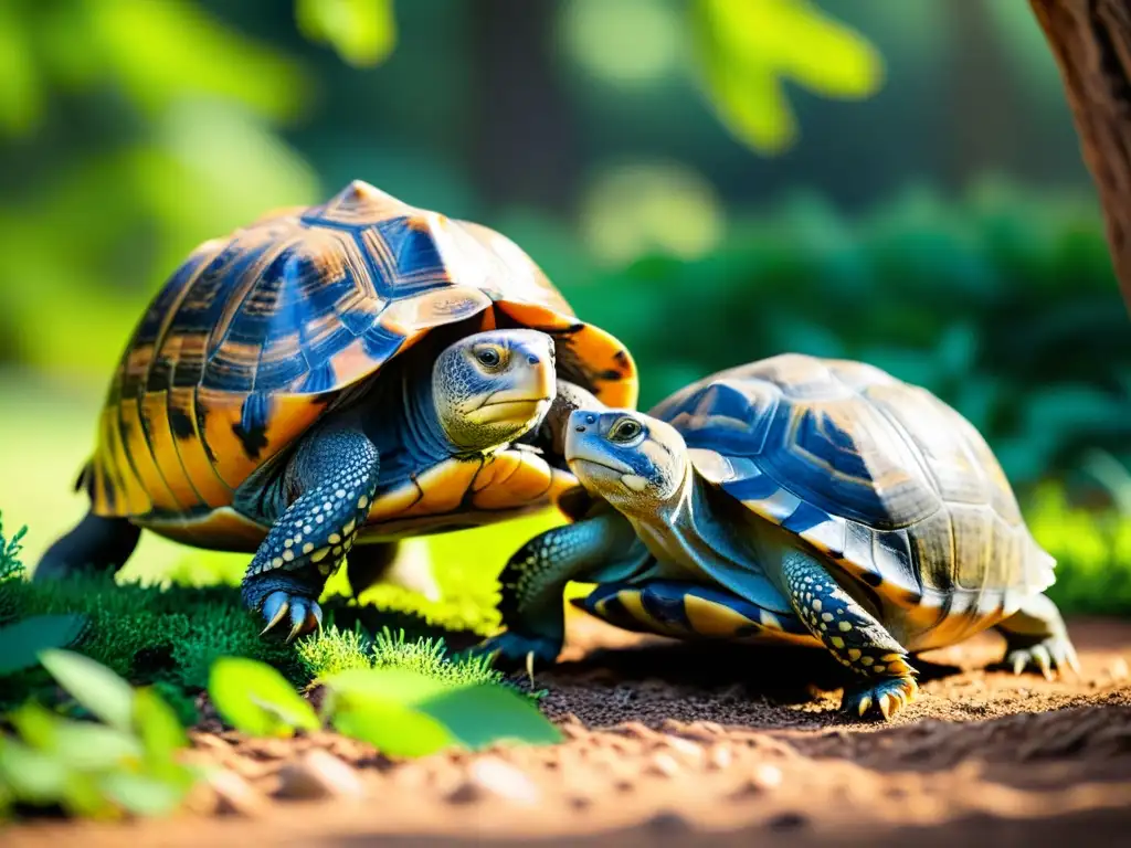 Detalle de tortuga y liebre en hábitat natural, con contrastes y atmósfera de fábulas sobre reptiles en la naturaleza