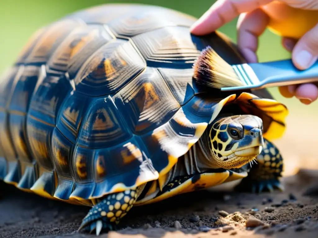 Detalle de la limpieza de caparazón de tortuga con cuidado y precisión