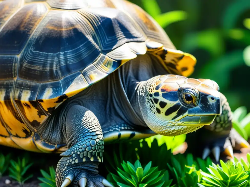 Detalle de la longevidad y los secretos en la mirada sabia de una tortuga Galápagos, entre la exuberante vegetación