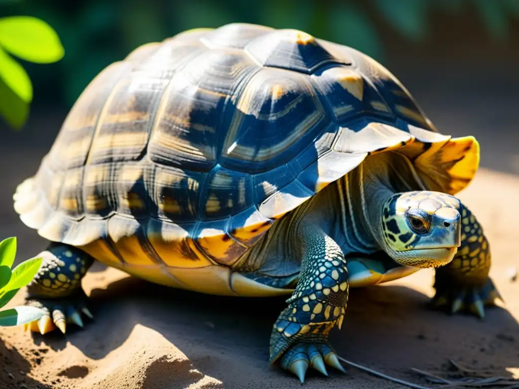 Detalle de la longevidad de una tortuga centenaria, con patrones naturales y texturas únicas en su caparazón