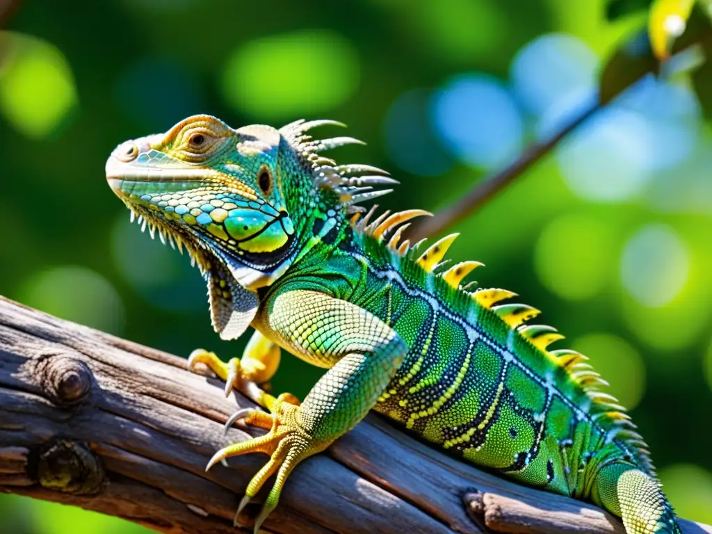 Detalle de una majestuosa iguana verde en rama, con sus escamas relucientes al sol