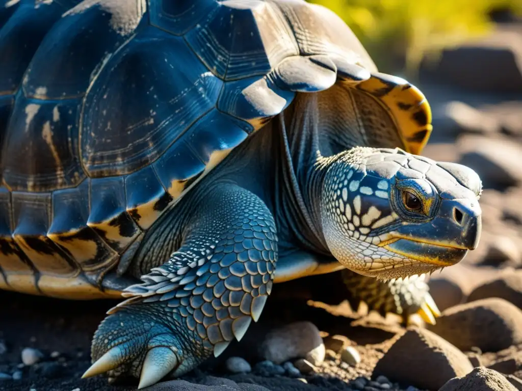 Detalle de la majestuosa tortuga de Galápagos, mostrando la resistencia y los ciclos de vida reptiles longevos en su hábitat natural