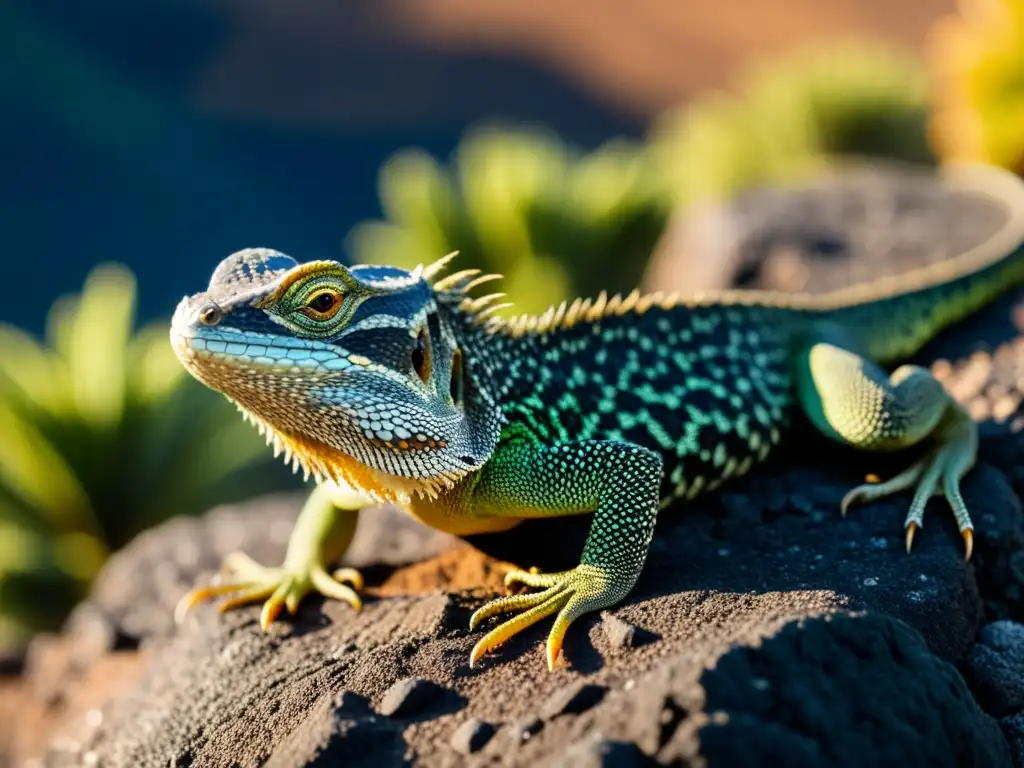 Reintroducción lagarto gigante El Hierro: Detalle de un majestuoso lagarto batiendo al sol en su hábitat natural, con escamas y paisaje volcánico