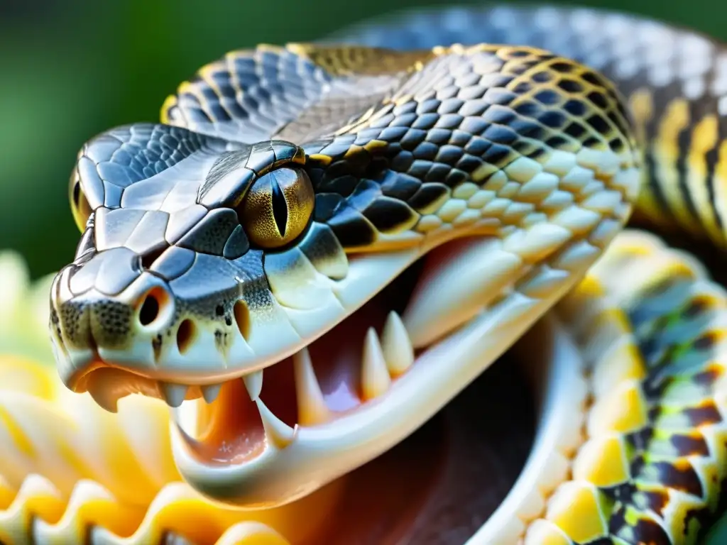 Detalle de la mandíbula de una serpiente desencajándose para iniciar el proceso digestivo en reptiles