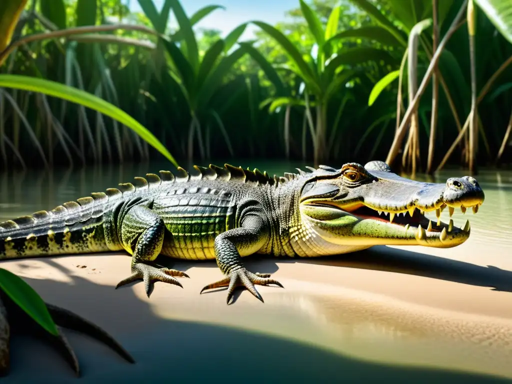 Detalle de manglar con cocodrilo, serpientes, iguanas y tortugas