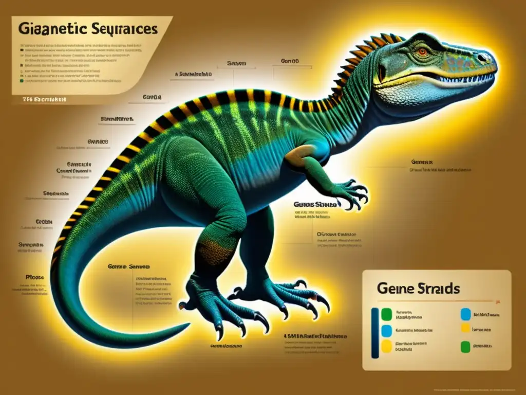 Detalle de un mapa genético que revela la genética del gigantismo en reptiles prehistóricos, mostrando secuencias de genes y marcadores