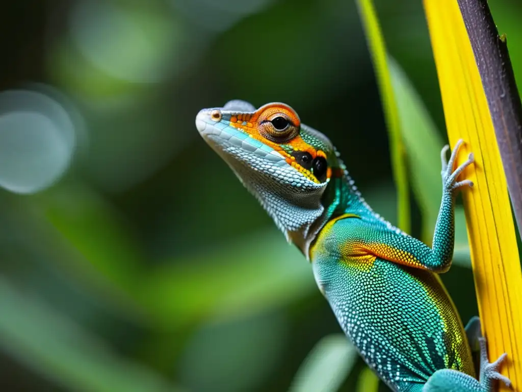 Detalle de la membrana de planeo de un lagarto en la selva tropical, destacando sus capacidades de planeo en reptiles