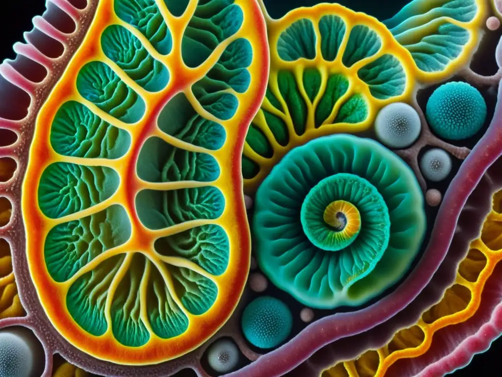 Detalle microscópico de intestino de reptil con microbioma vibrante y probióticos, ilustrando beneficios probióticos en la salud de reptiles