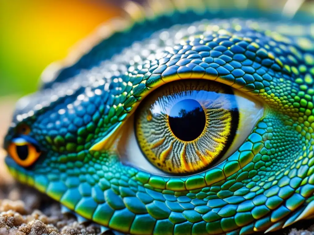 Detalle del ojo de reptil con colores vibrantes, reflejos y texturas, evocando fascinación