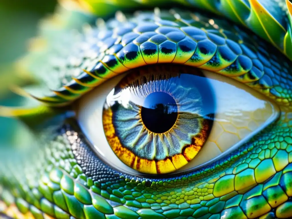 Detalle del ojo de reptil con escamas vibrantes y mirada reflexiva, destacando el lenguaje corporal reptiliano