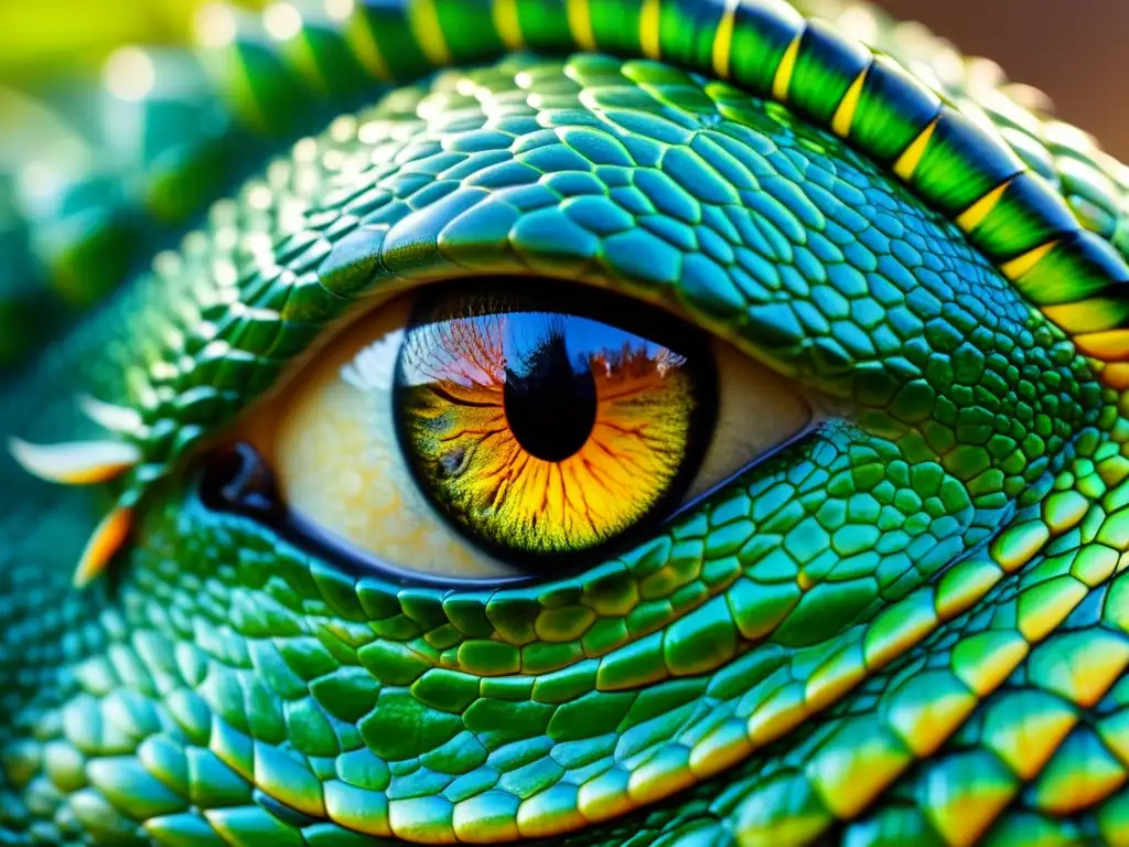 Detalle del ojo de un reptil, mostrando sus escamas y colores vibrantes