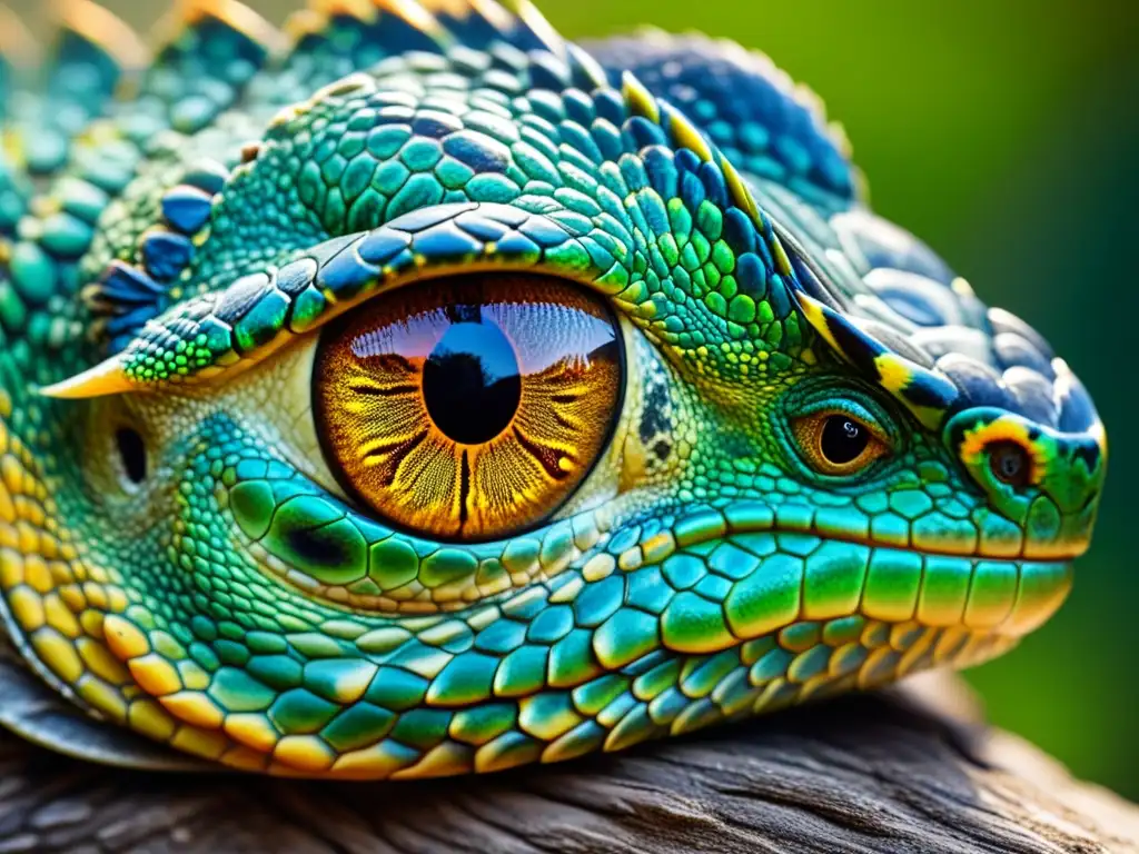 Ojo de reptil detección temprana Detalle del ojo de un reptil con escamas intrincadas y colores vibrantes, reflejando su entorno