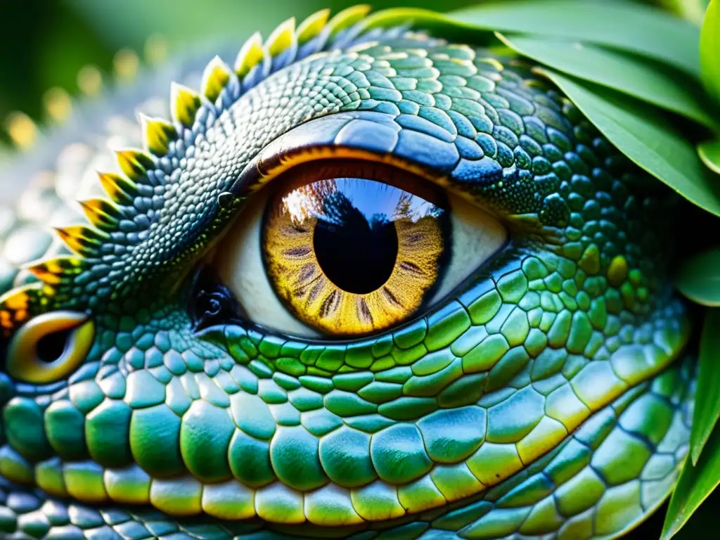 Detalle de ojo de reptil con escamas vibrantes y membrana nictitante, reflejando luz ambiente, sobre hibernación y brumación en reptiles