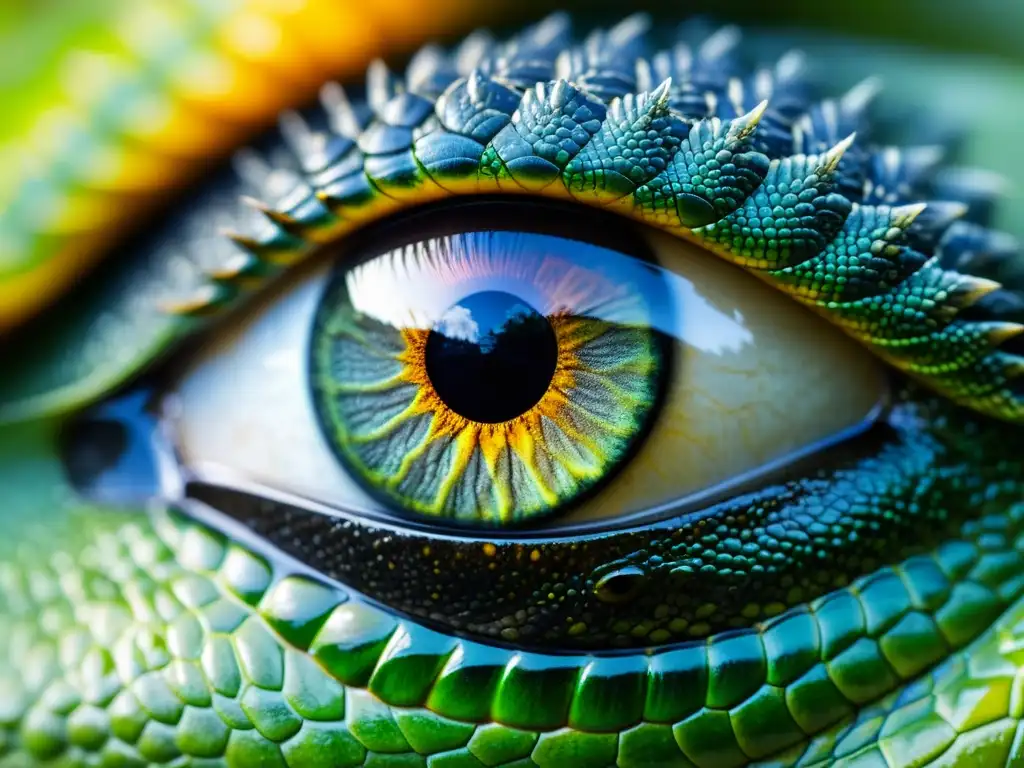 Detalle de ojo de reptil con intrincadas escamas, pupila dilatada y reflejo del entorno