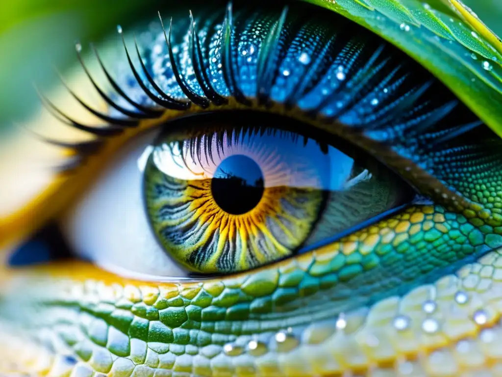 Detalle del ojo de un reptil revelando el patrón intrincado del iris y reflejos que capturan la intensidad de su mirada