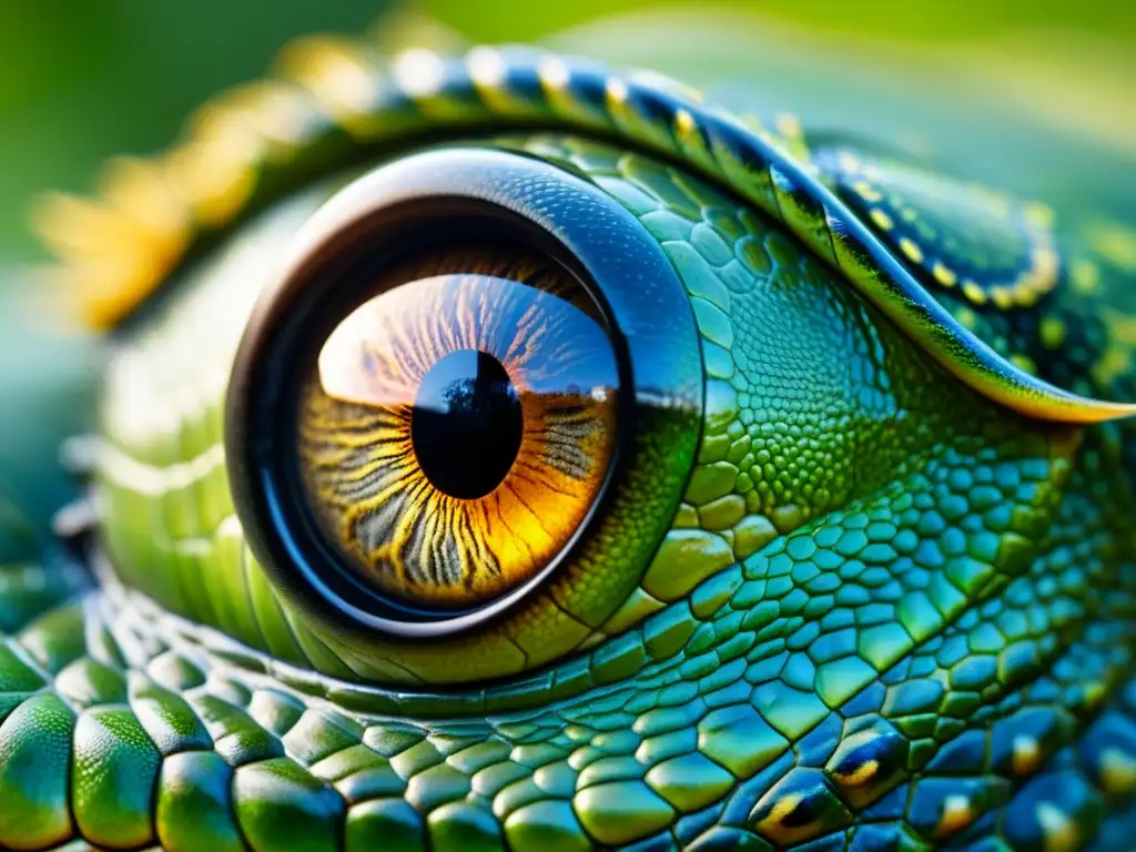 Detalle del ojo de un reptil con señales de estrés, mostrando reflejos y textura